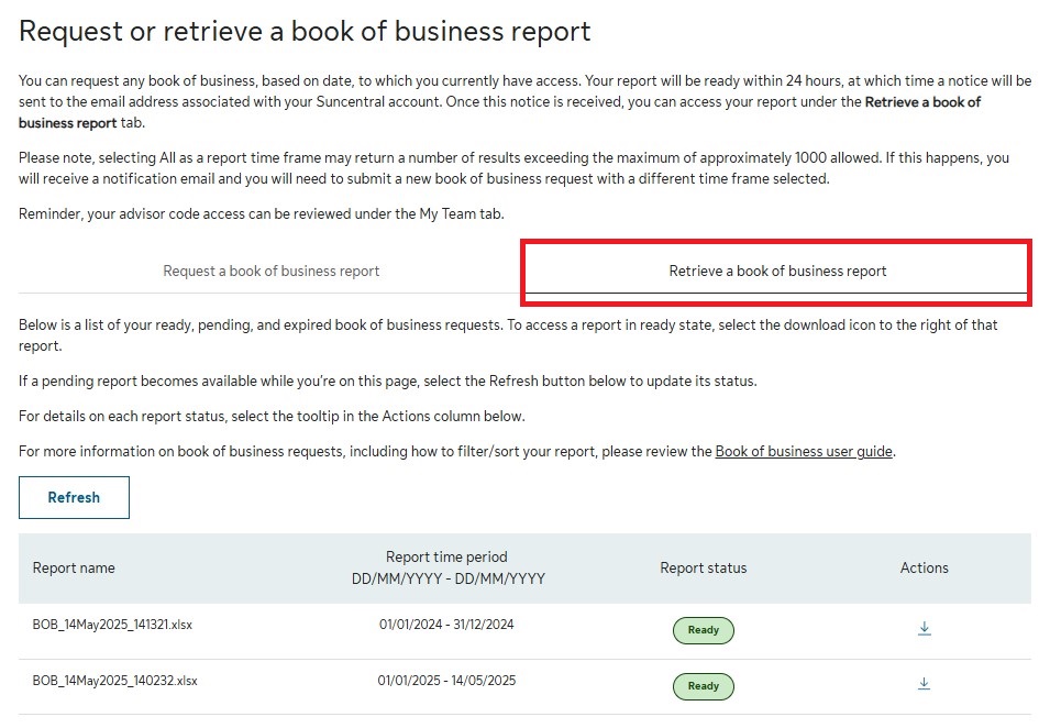 Retrieve a book of business report screenshot